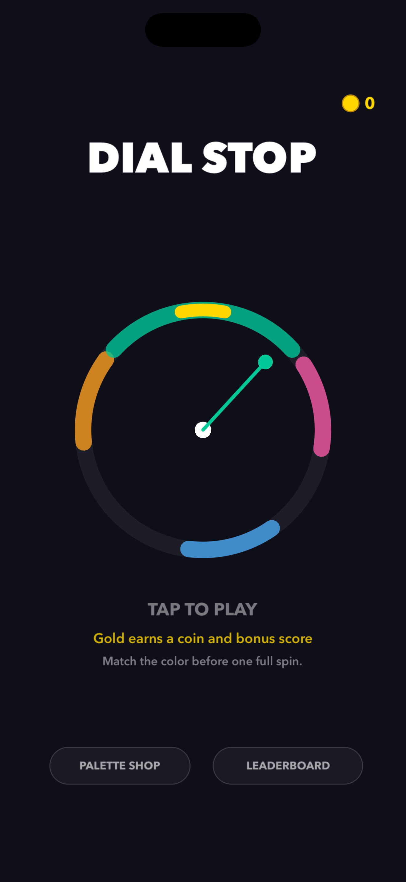 Dial Stop main screen showing the dial, palette shop, and leaderboard buttons